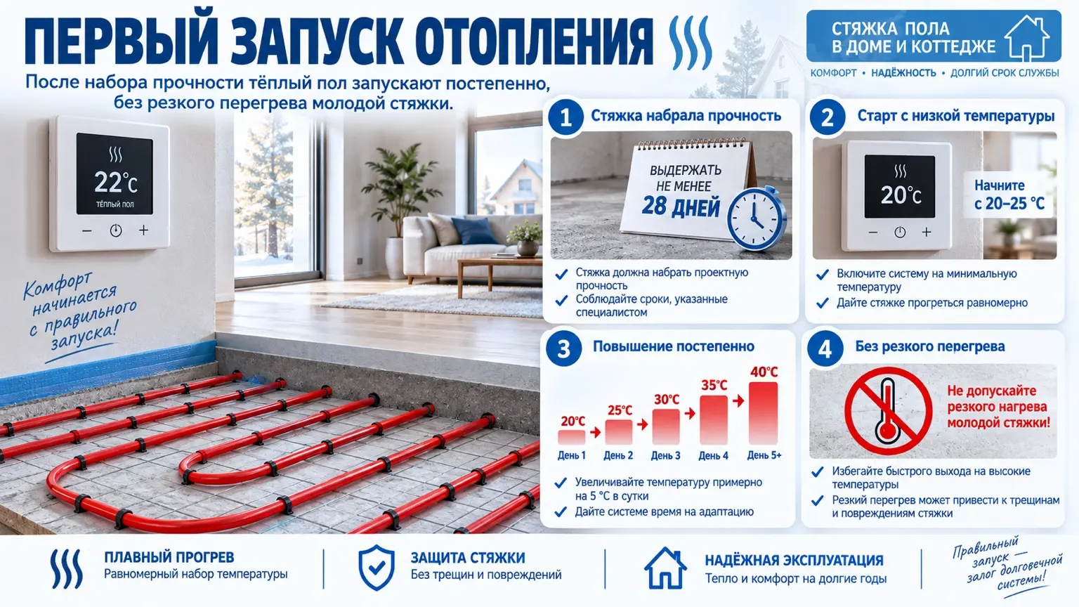 Первый постепенный запуск тёплого пола после набора прочности стяжки