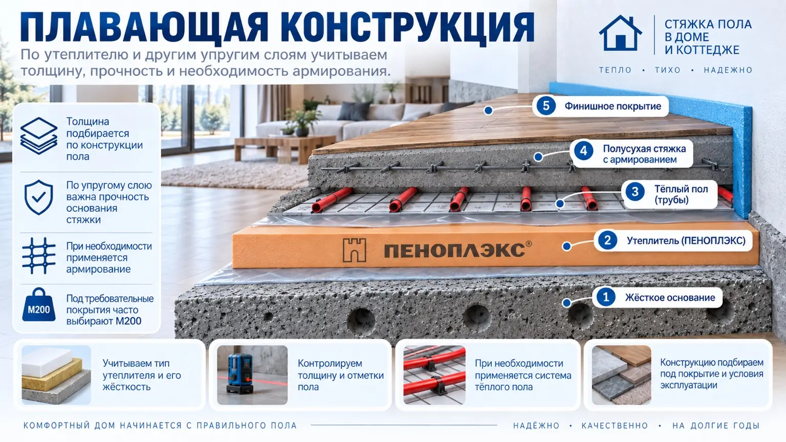 Плавающая конструкция стяжки пола в доме по утеплителю и тёплому полу
