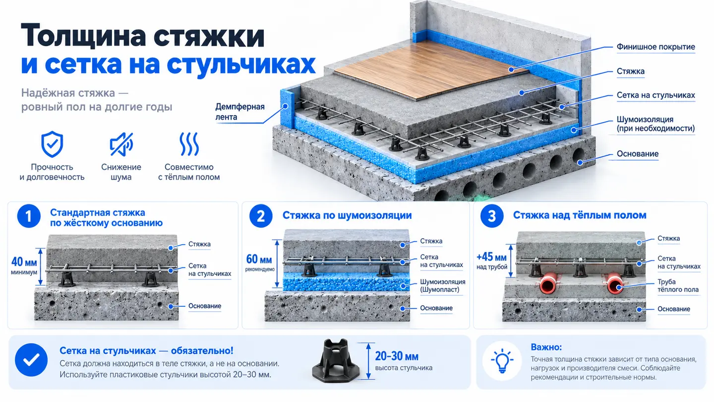 Толщина стяжки и сетка на стульчиках