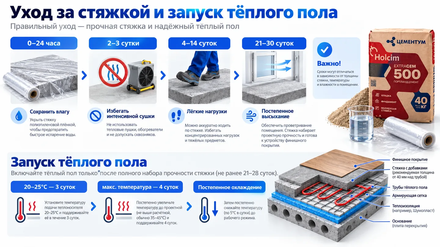 Полусухая стяжка по тёплому полу и запуск отопления